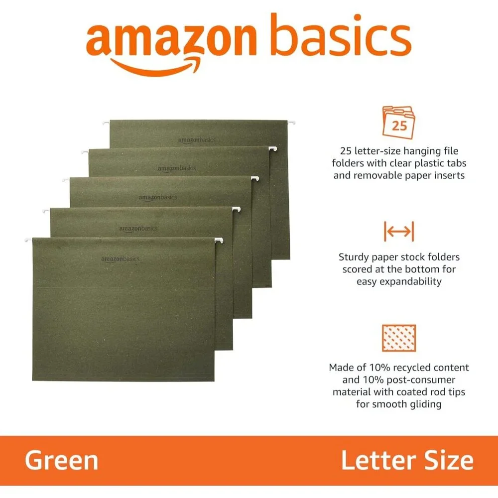 Basic Hanging File Folders Letter Size 1/5 Cut Tab Standard Green 25ct NEW